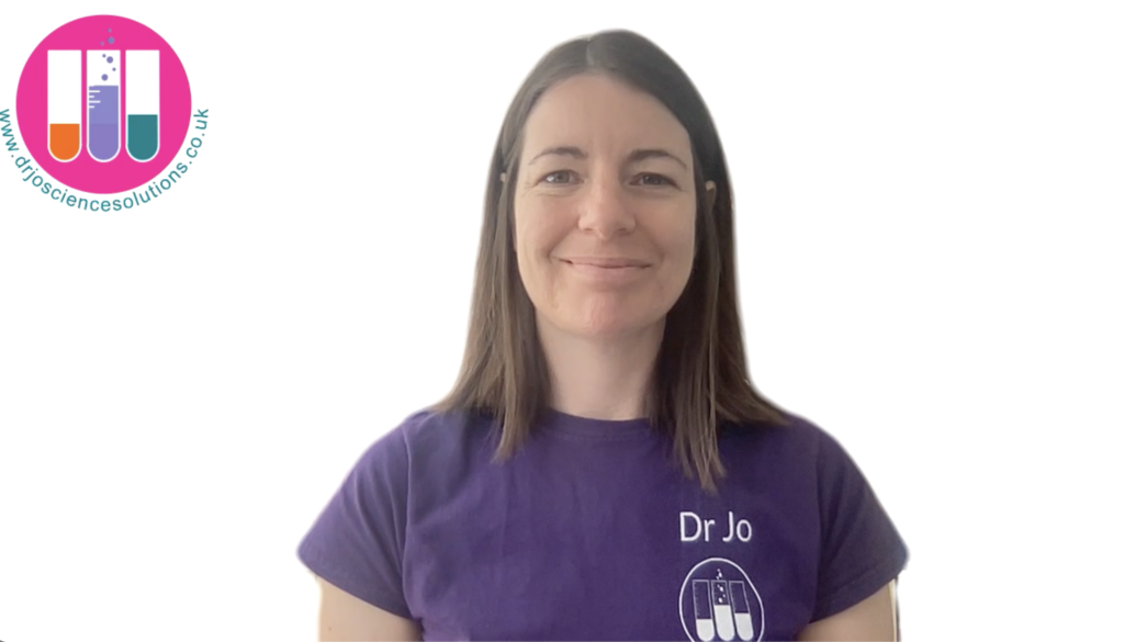 Image of female scientist, Dr Jo, wearing a purple t shirt, appearing on a computer screen and smiling